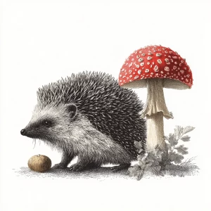 Hedgehog with mushroom, vintage illustration, white background