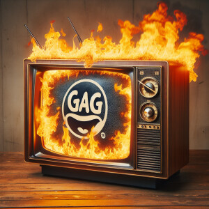 Tube TV with the word “GAG” on the screen on fire cartoon logo