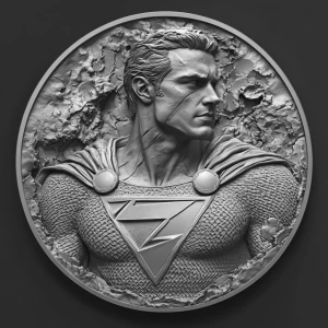 a grayscale bas relief of shazam, on a round coin emblem with th...