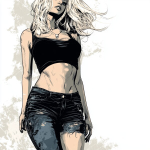 Create an illustration of a platinum blonde woman strolling, dra...