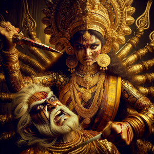 portrait of angry looking goddess durga pinning a weak mahishasur to the ground with her foot and stabbing him with her amazingly long fingernails. She is wearing gold armor, a huge gold crown, gold saree, abundant  gold jewelry, covered in blood. The scene is set in ancient India. The image is 8K resolution, photography, cinematic, ultra detailed face and epic