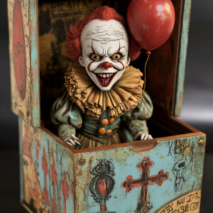 colorful antique jack-in-the-box toy. A macabre clown figure res...