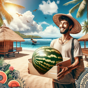 A guy helps to deliver a watermelon to Bali