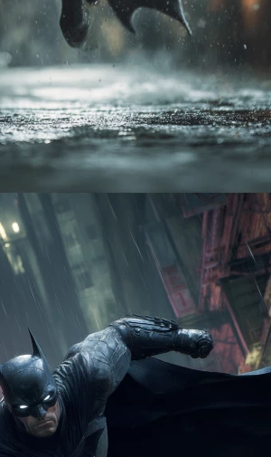 Ultra photo-realistic image of Batman in mid-action, leaping fro...