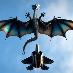 Dragon falling from the sky, upside down, f22 diving towards it