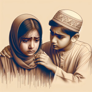 Make a little crying girl and the boy who tries to calm her with...