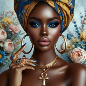 Create an image of an african-American, graceful woman , striking blue eyeshadow, and full lips. She wears large, golden hoop earrings and multiple necklaces, one with a prominent ankh pendant. Her hair is hidden beneath a vibrant, patterned head wrap in shades of blue, yellow, and orange. Her nails are painted dark blue, complementing her eyeshadow, and her fingers are adorned with a large, ornate gold ring. She poses elegantly against a background filled with soft pastel flowers, highlight her beauty