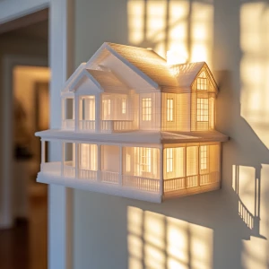 3D printed scale model of a house being displayed as art on a wall