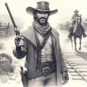 Pencil drawing, an old west cowboy standing in the middle of the...