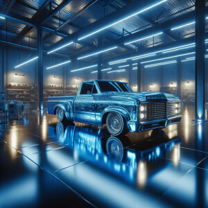 Heavily modified lowrider truck with metallic blue liquid static...