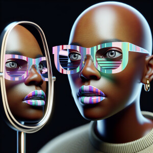 3D image of a LIGHT SKIN African American woman sitting in her c...