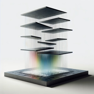 Design an image of a floating waterfall fountain composed of sev...
