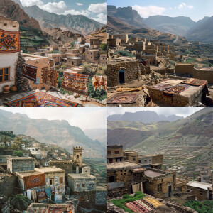 Yemeni home with multiple building, rugs on roof drying, coffee...