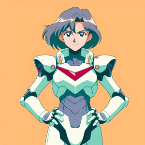 1990s anime screencap, girl a plugsuit, standing with hands on h...