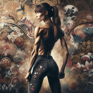 Athletic Thin skinny Attractive, Asian teenage girl, long brown hair and bangs, wearing tight skinny jeans and a halter top paint marks on her clothing, heroic pose Asian graffiti background, backside view