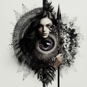 Create a mid-level portrait of Athena, from the waist up, with a...