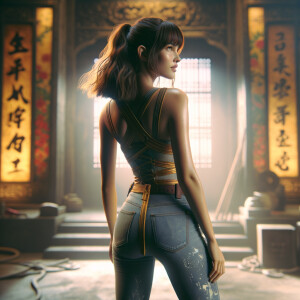 Athletic Thin skinny Attractive, Asian teenage girl, long brown hair and bangs, wearing tight skinny jeans and a halter top paint marks on her clothing, heroic pose Asian graffiti background, backside view