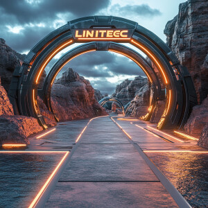 A futuristic sign that says 'LinkTech'