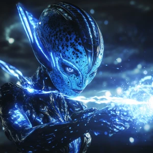 Create a 3D Anagraph art illustration of a female alien characte...