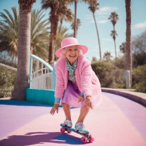 An elderly woman roller skating under a clear blue sky on a sunn...