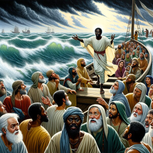 African-American Jesus telling Peter to come walk on the water,...