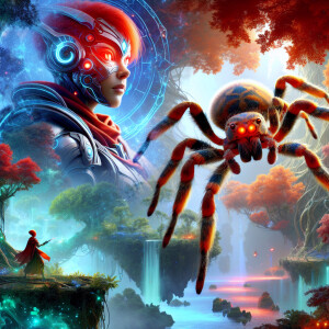 Arachne, red head, red eyes, armor, full body, half spider, half...