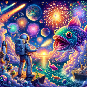 Cute giant purple and neon green piranha