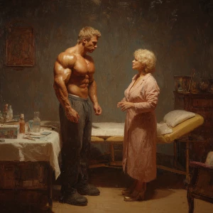 Hyperrealisticmoil painting, a muscular Russian man in his beach...