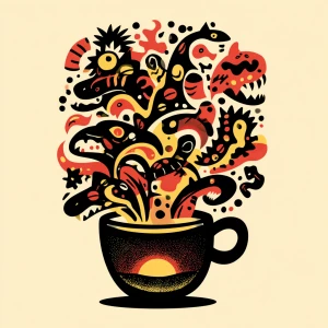 vector-style illustration of a hand-drawn coffee cup overflowing...