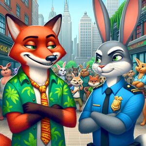 Create an image illustrating the characters Nick Wilde, a sly fo...