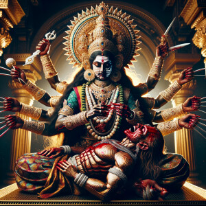 portrait of intense looking, four-armed indian goddess sitting...