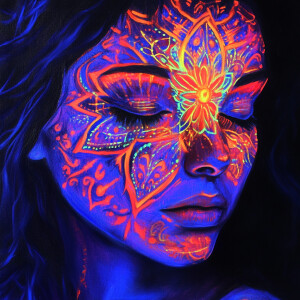 A woman’s face illuminated by a glowing mandala in a bioluminesc...