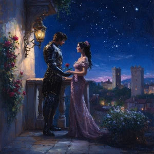 A night in shining armor, standing next to a balcony with a woma...