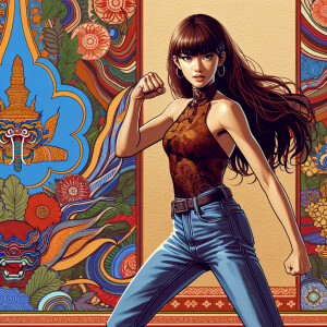 Very thin Athletic Thin skinny Attractive, Asian teenage girl, long brown hair and bangs, wearing tight skinny jeans and a halter top paint marks on her clothing, heroic sideways pose Asian graffiti background