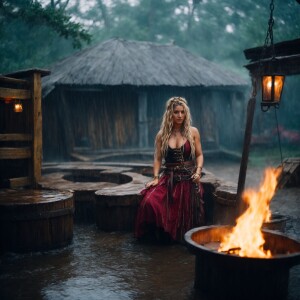 A drenched Wench chained to a block at a pirate hideaway on a ra...