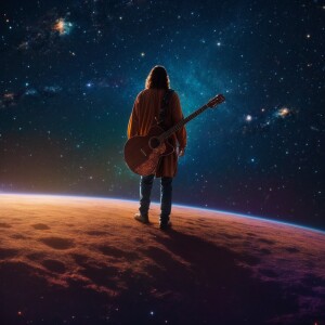 Jesus walking through a cosmos of stars in some far away univers...