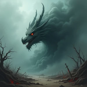 "Illustrate an eerie, sinister Dragon emerging from a swirling mass of toxic fumes. The Dragon's form is barely solid, its features constantly shifting and reforming within the dense, suffocating smoke. Its face, distorted and grotesque, peers out from the fumes with hollow, empty eyes that glimmer with malevolent intent. The mouth, filled with jagged, smoke-formed teeth, stretches into a macabre grin that seems to float and twist in the toxic haze.

The rest of the Dragon's body is an ethereal blend of noxious gases, with appendages elongating and curling like tendrils of poisonous vapor. Around it, the environment is bleak and barren, with twisted remnants of dead vegetation and decrepit, rusted swords half-buried in the ground. The air is thick and acrid, giving off an unsettling, chemical glow that casts eerie shadows.

Stray tendrils of fume slither across the ground, reaching out like ghostly fingers toward any living thing that comes near. The overall color palette should be muted and dark, with sickly blues, crimson, and blacks dominating the scene, to enhance the toxic and foreboding atmosphere. 

This visual blend of smoke and sinister Dragon should elicit a sense of dread and unease, making it both fascinating and horrifying."