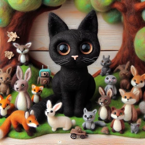 Felted black cat with large eyes. Cute with felted background of...