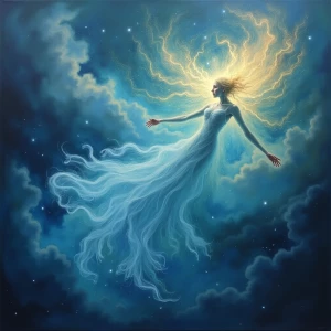An ancient ethereal spirit, glowing with otherworldly light, flo...