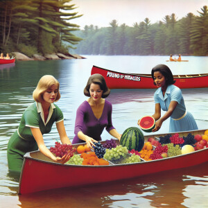 Generate a still from a campy 1972 B-movie. In the scene, three...