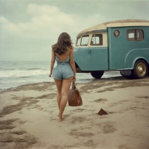 Create a realistic color snapshot from 1972 of a beautiful, brun...