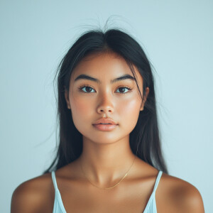 Portrait of a 21-year-old Filipina woman with a clean face, exud...