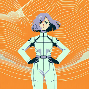 1990s anime screencap, girl a plugsuit, standing with hands on h...