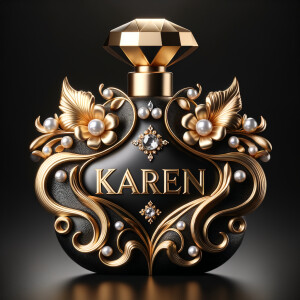 Design a fancy, black and gold bottle of perfume in the shape of a woman’s body. With a golden diamond top, flowers pearls and Diamonds in the name, Karen