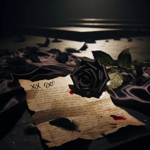 A black rose with a mysterious small of blood on it is strewn ac...