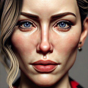 A beautiful woman with Blue eyes and blonde hair in a red and bl...