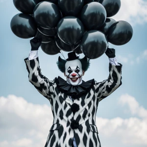 A clown wearing a monochrome feline-inspired costume with coordi...