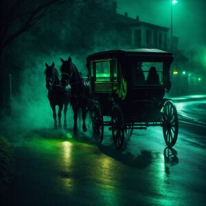 A bight green apparition of an eerie horse driven carriage with...