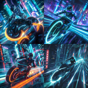 a beautiful Taiwanese girl in Tron
suit riding a Tron light cycl...