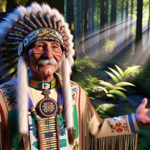 Create a friendly American Indian dressed in traditional eastern...